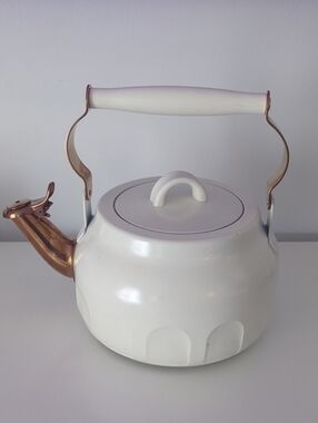 Hearth And Hand White Enamel Whistling Teakettle with Brass Spout